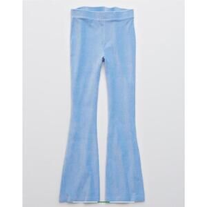 Aerie Groove On Sky Blue Velour Ribbed High Waisted Flare Pants- Size Large